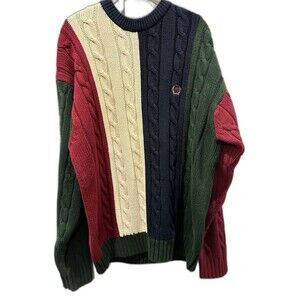 VTG Tommy Hilfiger Sweater Mens Large Colorblock Cable Knit Crest Cotton Preppy